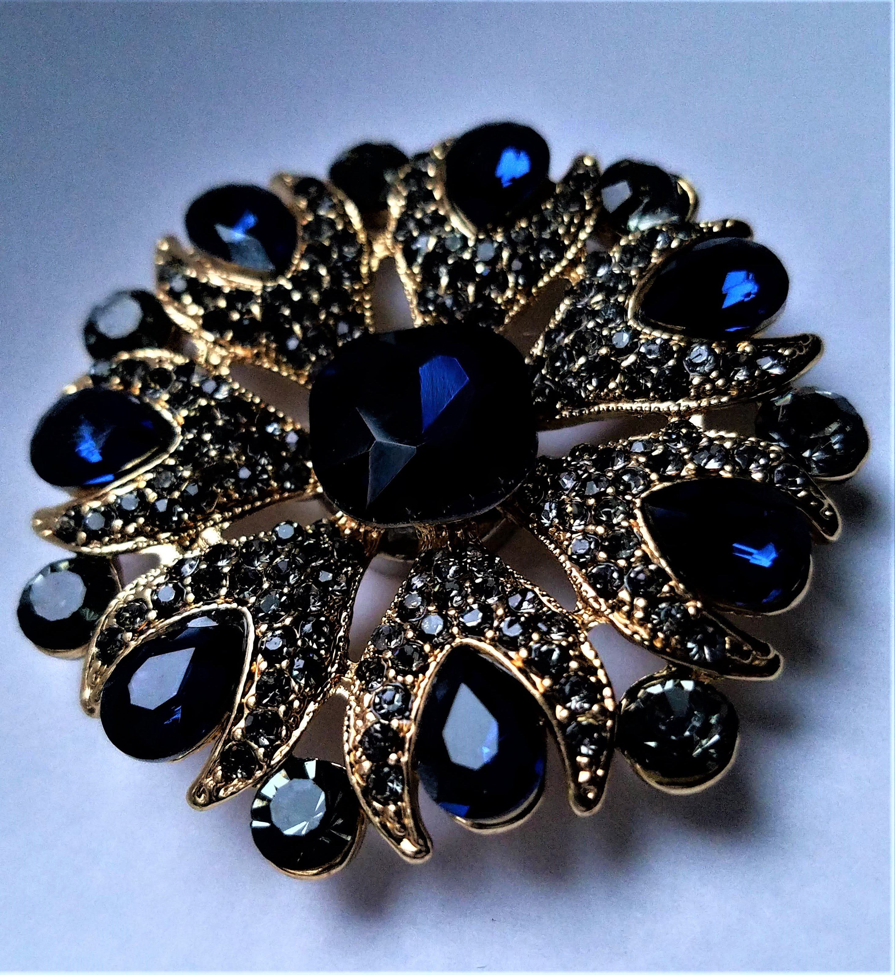 HEMATITE BROOCH WITH NAVY BLUE RHINESTONES ( 1189 HNV )